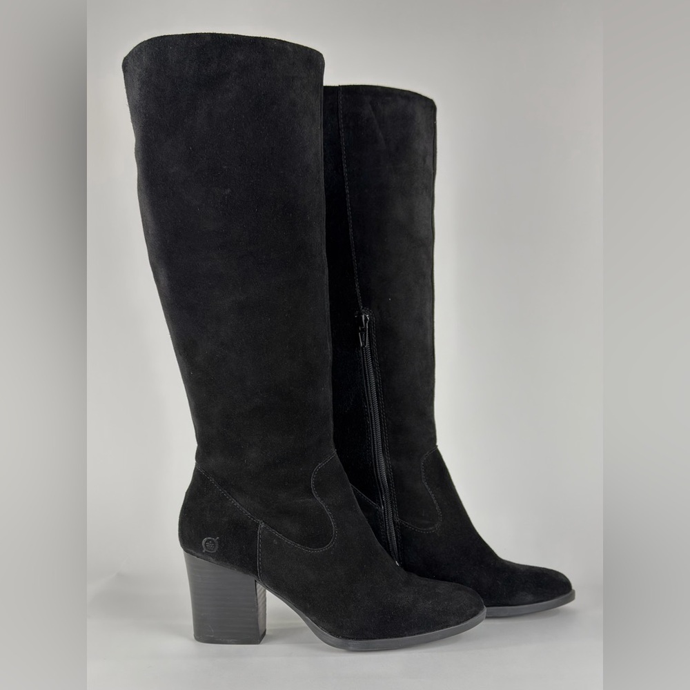 Born Elbe Black Suede Knee High Boots Size 7 Block Heel Side Zip Tall Whimsigoth